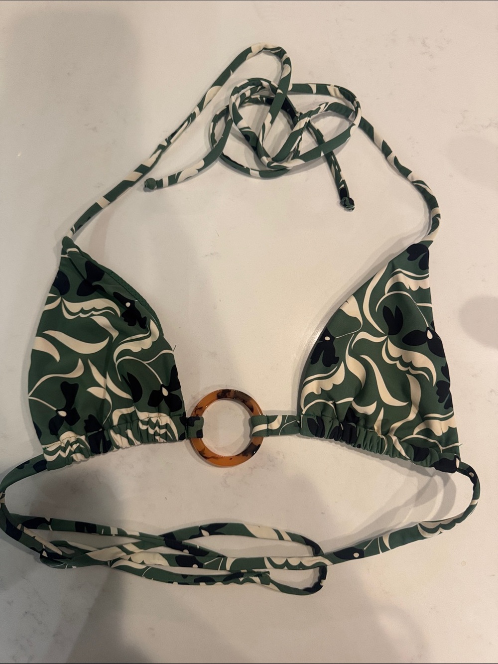Montce Veronica Floral Triangle Bikini Top with Tortoiseshell Ring Small